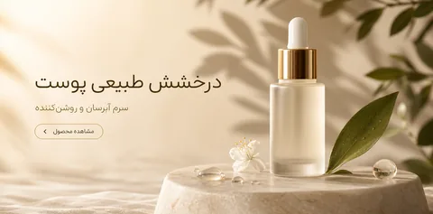 بنر محصول «درخشش طبیعی پوست»، سرم آبرسان و روشنکننده روی سکوی سنگی کنار برگها